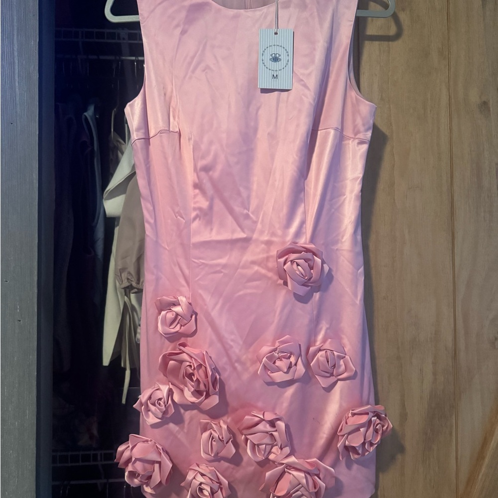 Chic Pink Rose-Embellished Mini Dress